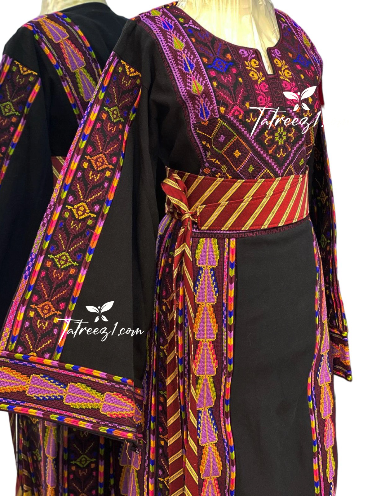 Black Etameen Purple Embroidered Palestinian Fellahi Thobe With Kashmir belt