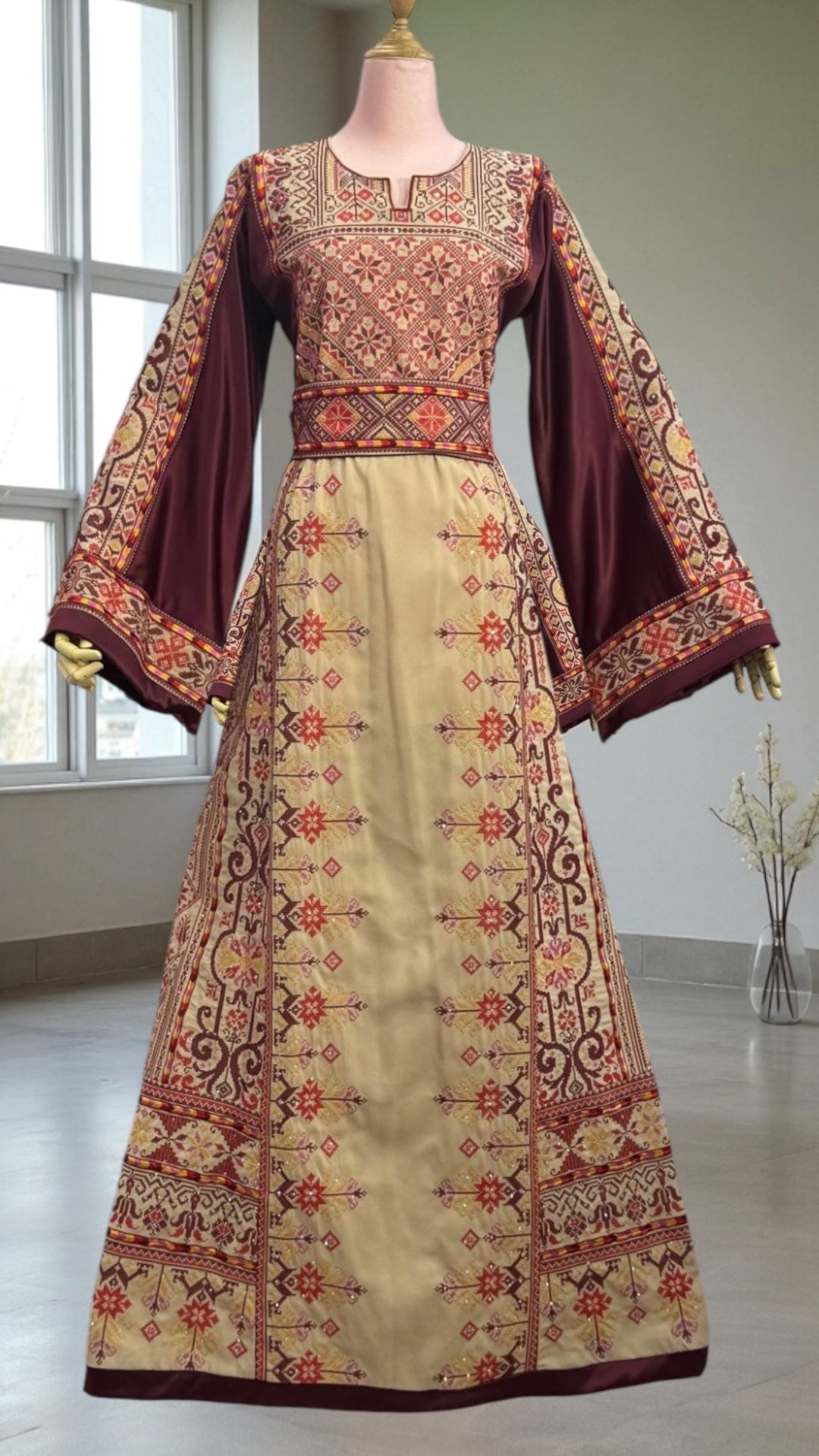 Beige & Maroon Thobe with Geometric Floral Embroidery