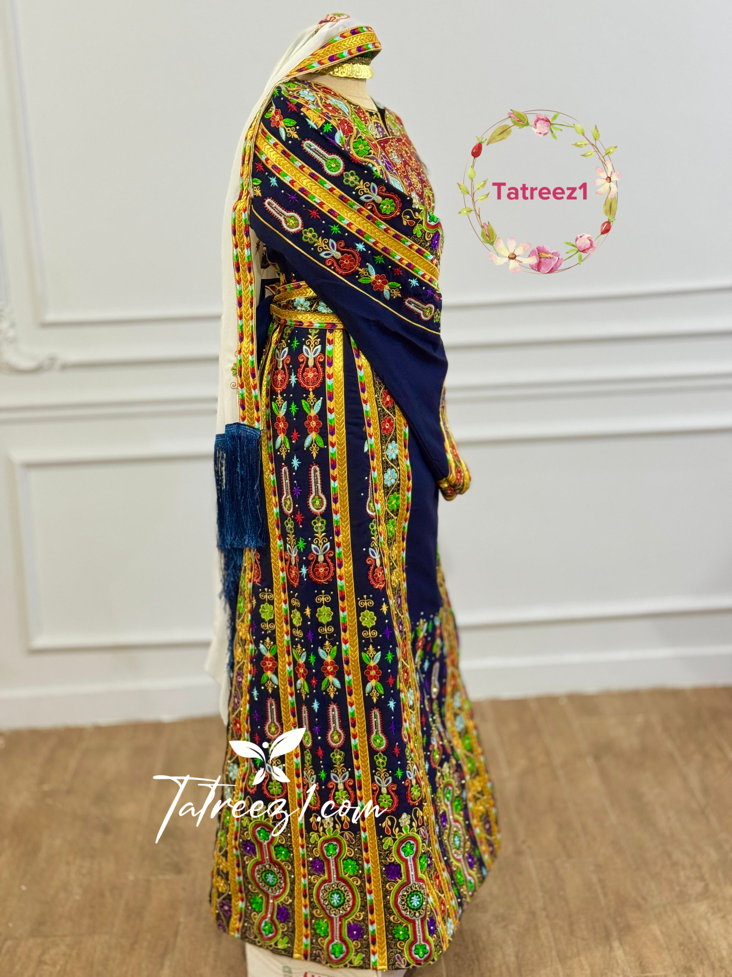 Navy Traditional Palestinian Thobe –  Full Set with Headscarf
