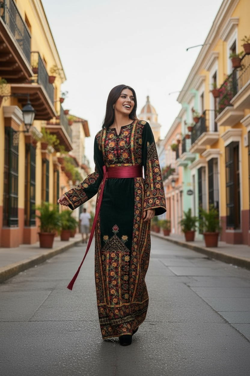 Dark Green Thobe Floral Embroidery