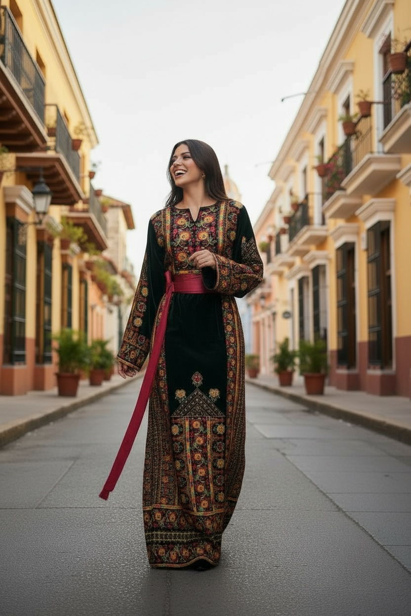 Dark Green Thobe Floral Embroidery