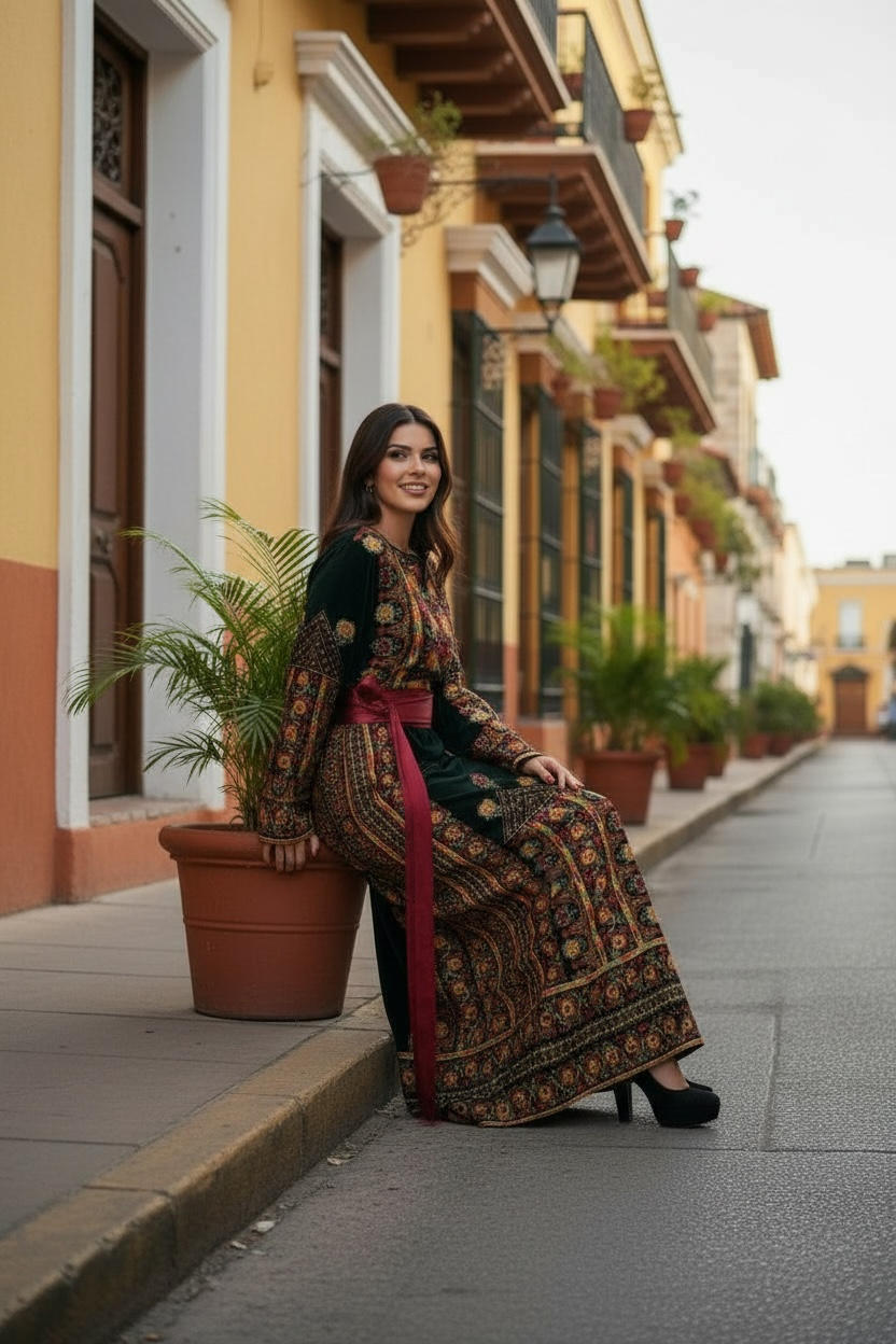 Dark Green Thobe Floral Embroidery