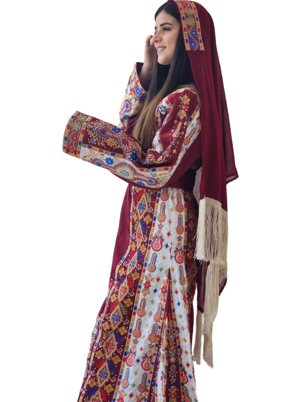 Malacca Silk Material Maroon Stone Embroidery Thoub With Matching Headpiece