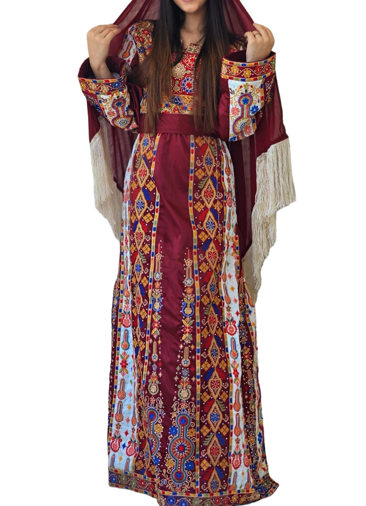 Malacca Silk Material Maroon Stone Embroidery Thoub With Matching Headpiece