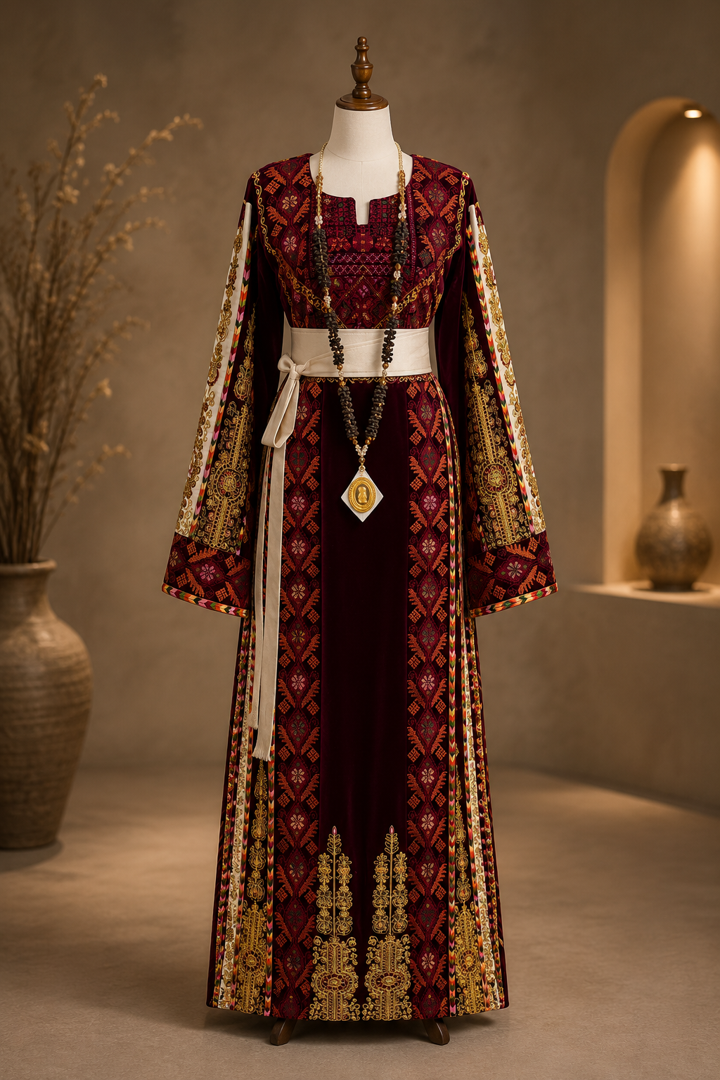 Qasab Maroon Malacca Silk German Velvet Thoub with Embroidery