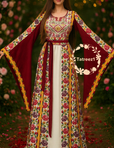 Floral Embroidered Palestinian Thobe with Wide Sleeves and Belt