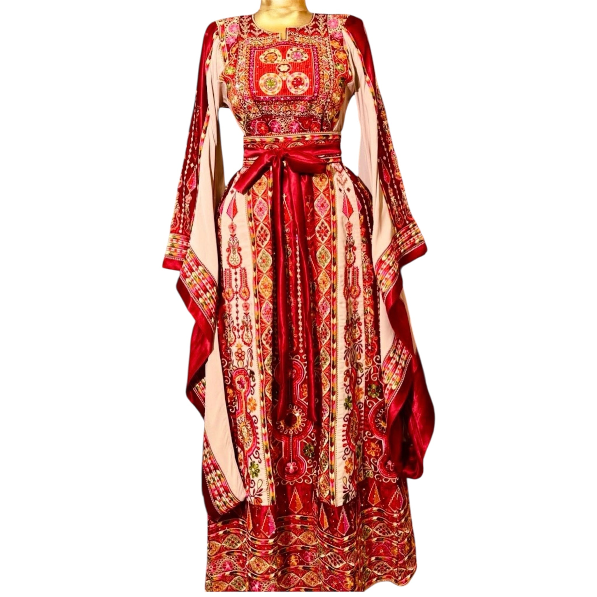 Red Satin Embroidered Palestinian Thobe with Wide Sleeves and Belt