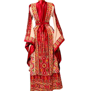 Red Satin Embroidered Palestinian Thobe with Wide Sleeves and Belt