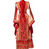 Red Satin Embroidered Palestinian Thobe with Wide Sleeves and Belt