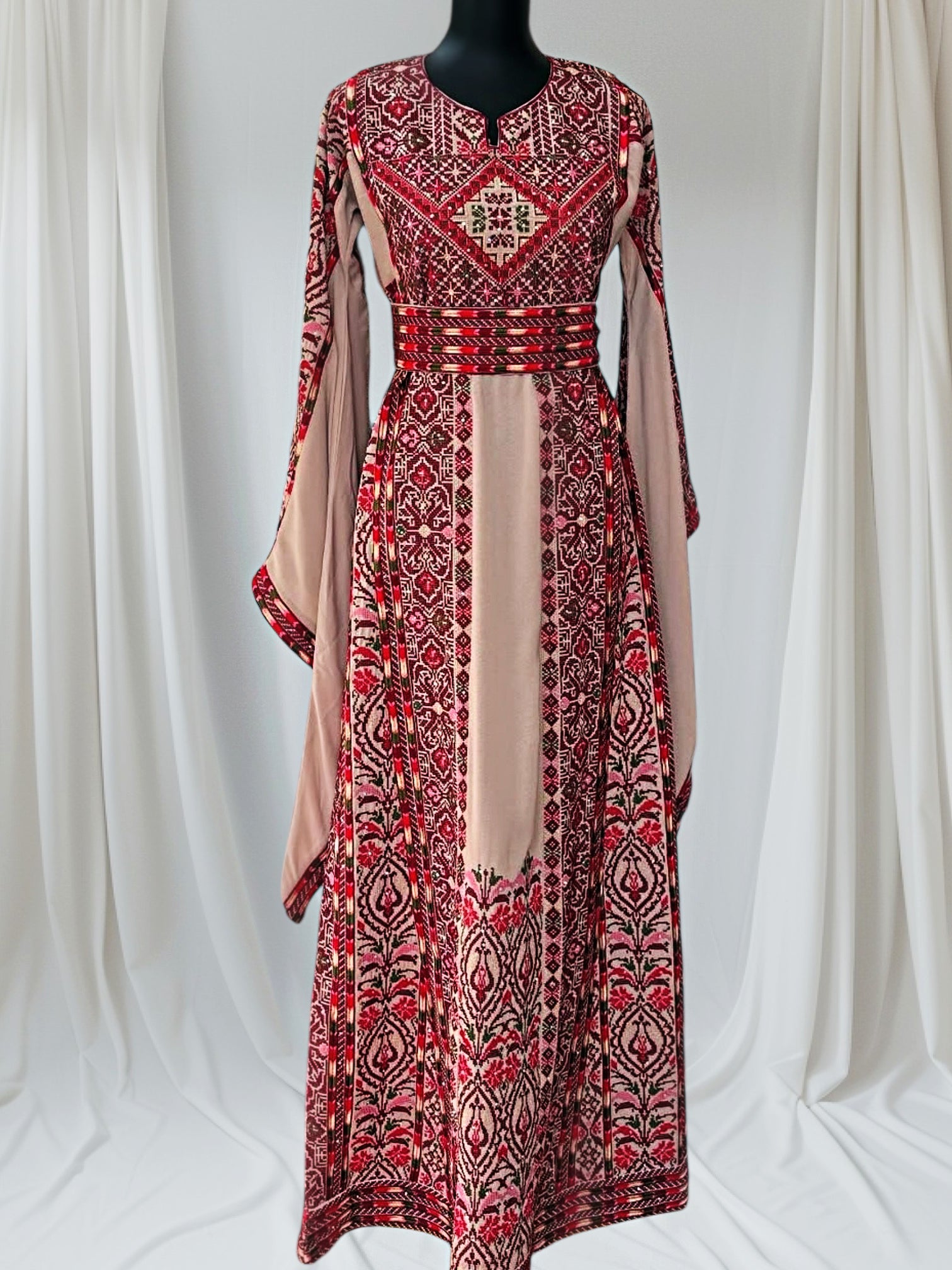 Beige shade Traditional Embroidered Palestinian Fellahi Thobe with Matching Headpiece