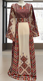 Load image into Gallery viewer, Beige Thoub Multicolor with Kashmir Design Stone Embroidery Thobe with Reversible Belt
