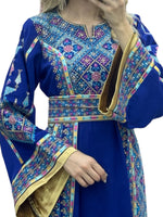 Load image into Gallery viewer, Blue Embroidery Embroidered Palestinian Thobe With Reversible Belt
