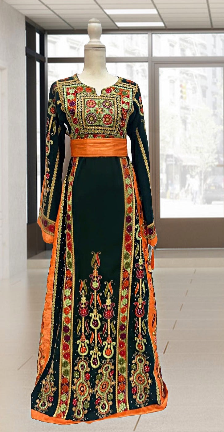 Malacca Green Embroidery Thoub  Wide Sleeve Elegant with Reversible Belt