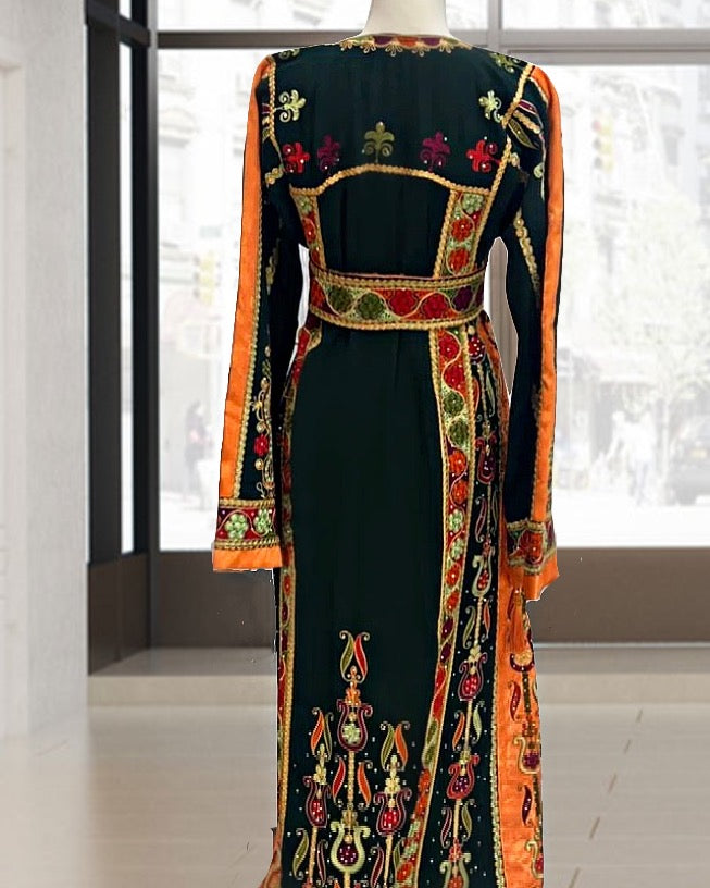 Malacca Green Embroidery Thoub  Wide Sleeve Elegant with Reversible Belt