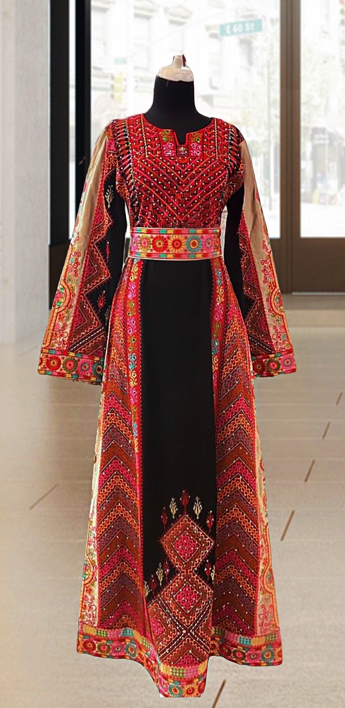 Black& Red Thoub Multicolor Stone  Embroidery Thobe