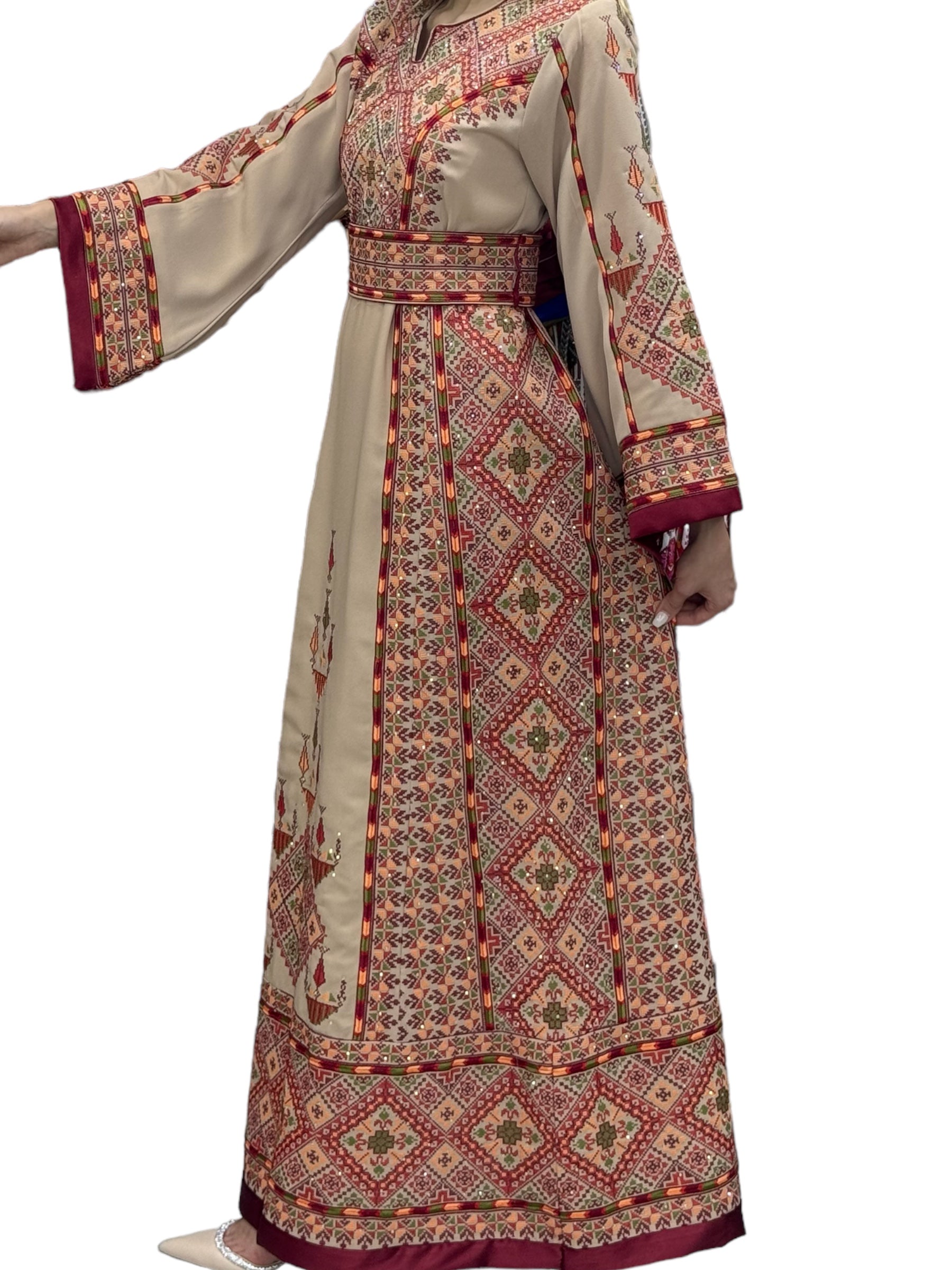 Cappuccino Thobe With Beautiful Tatreez Embroidery Stone Thobe with Reversible Belt