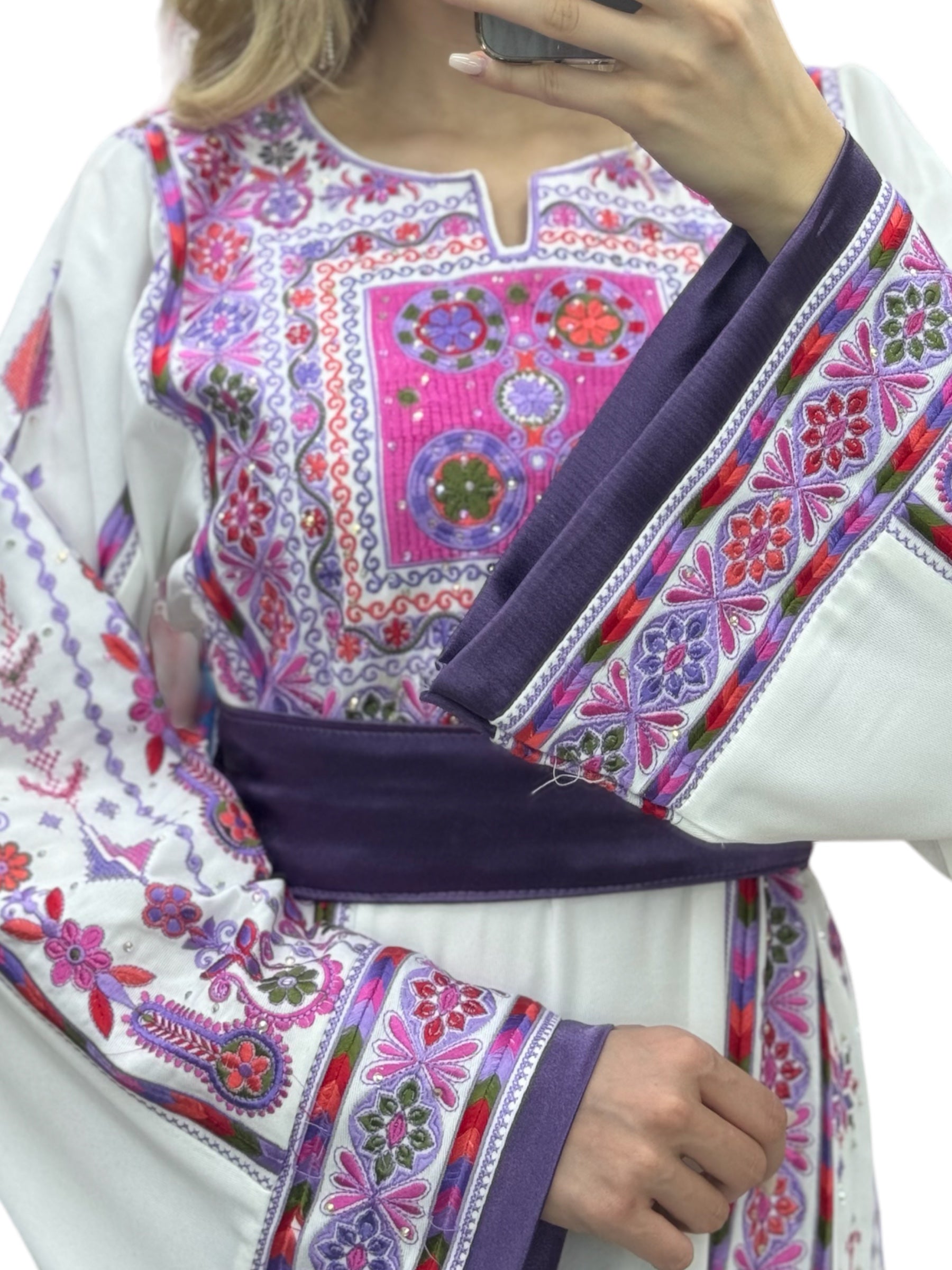 White & Purple Embroidered Palestinian Thobe With Reversible Belt