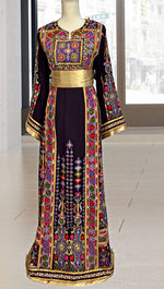 Load image into Gallery viewer, Purple  Malacca Embroidered Palestinian Thobe With Reversible Belt
