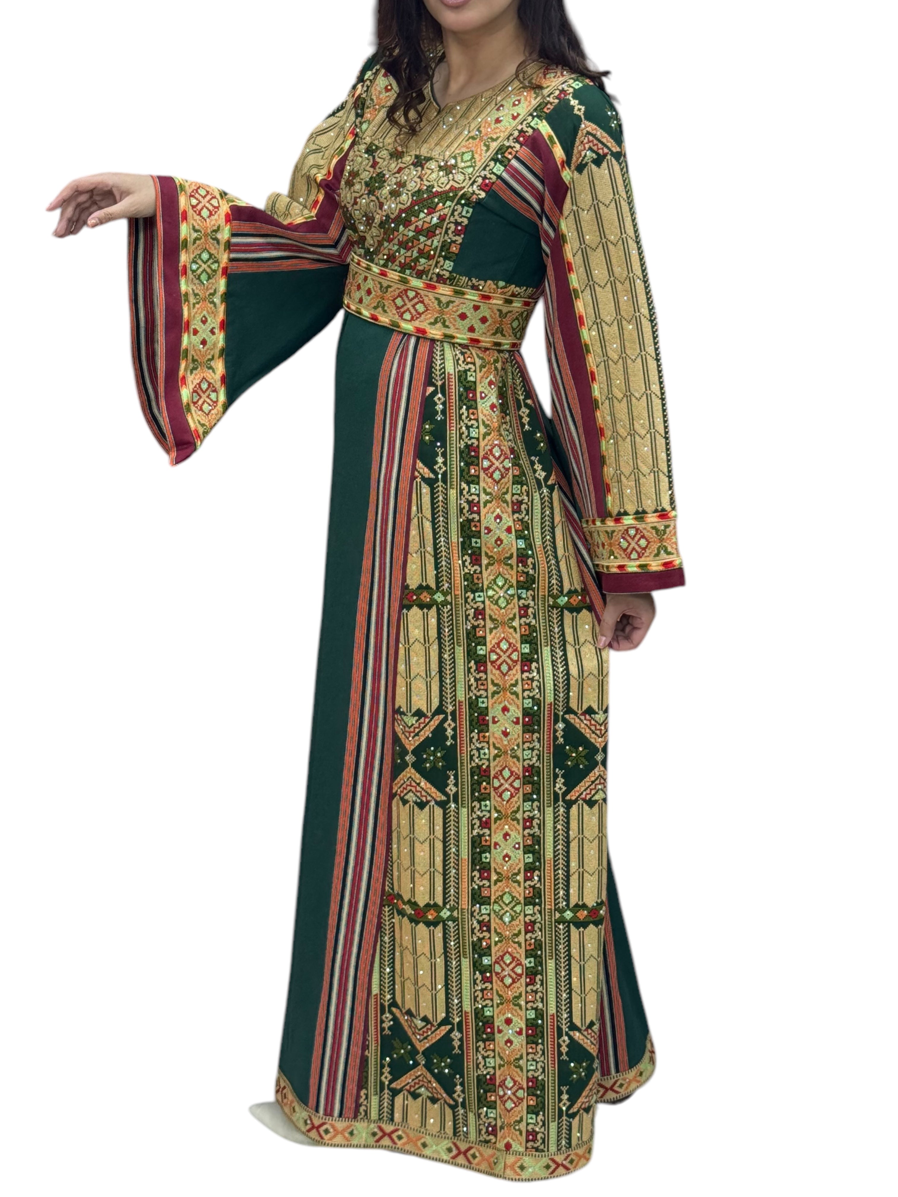 Green Multicolored Gorgeous Palstainen Embroidery Traditional Long Thoub