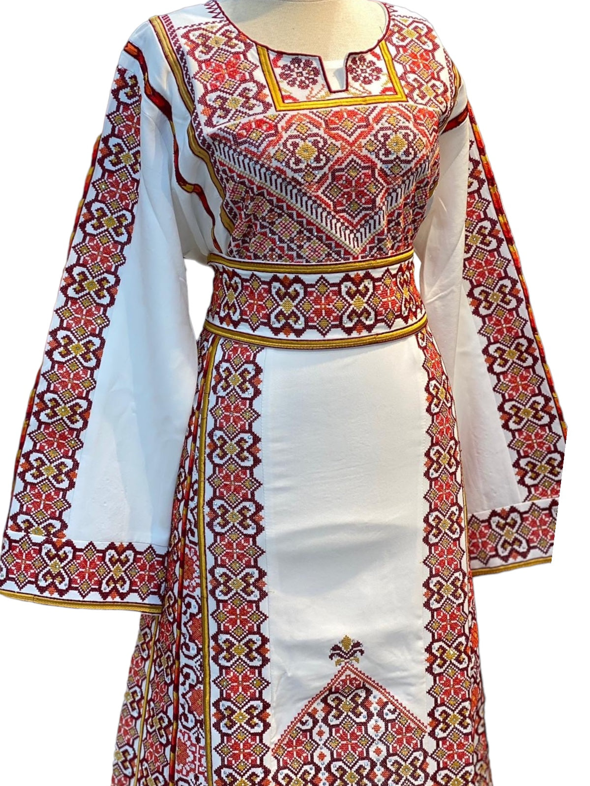 White Thoub Red Embroidered Palestinian Fellahi Thobe