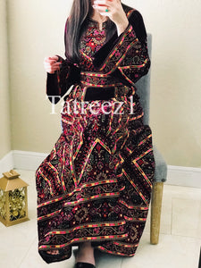 The Luxury Dark Maroon Embroidery Elegant Velvet Palestinian Thoub