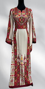 Load image into Gallery viewer, White Manajel Embroidered Palestinian Thobe Wide Sleeve
