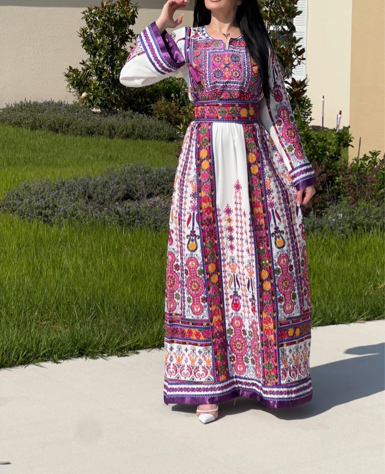 White/Purple Embroidery Malacca Embroidered Palestinian Thobe With Reversible Belt