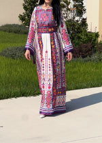 Load image into Gallery viewer, White/Purple Embroidery Malacca Embroidered Palestinian Thobe With Reversible Belt
