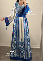Load image into Gallery viewer, Off white Traditional Thoub Blue Embroidery Wide Sleeve Elegant with Reversible Belt
