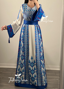 Off white Traditional Thoub Blue Embroidery Wide Sleeve Elegant with Reversible Belt