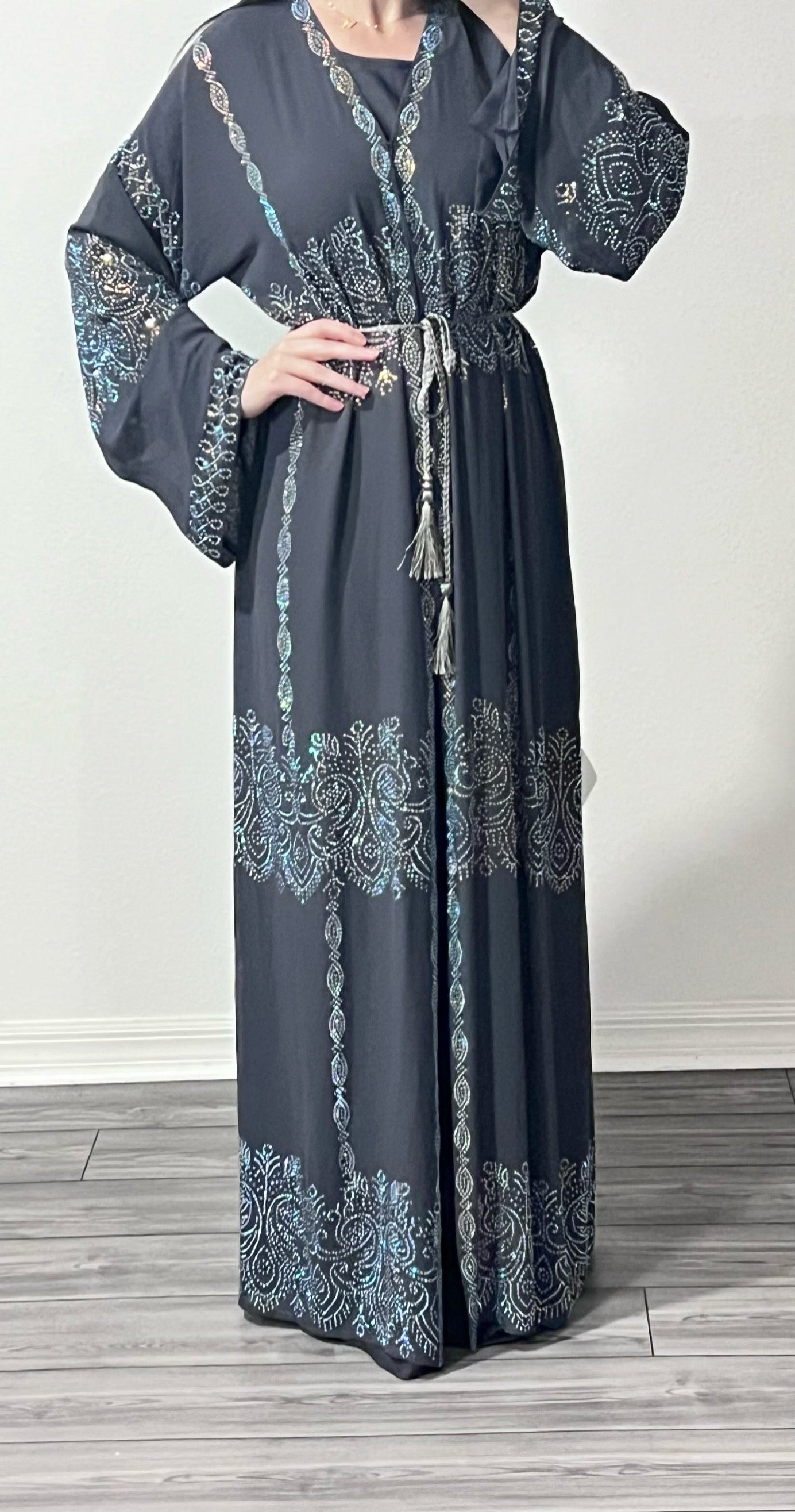 Grey Made in dubai abaya With Silver Stone All over