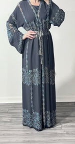 Load image into Gallery viewer, Grey Made in dubai abaya With Silver Stone All over
