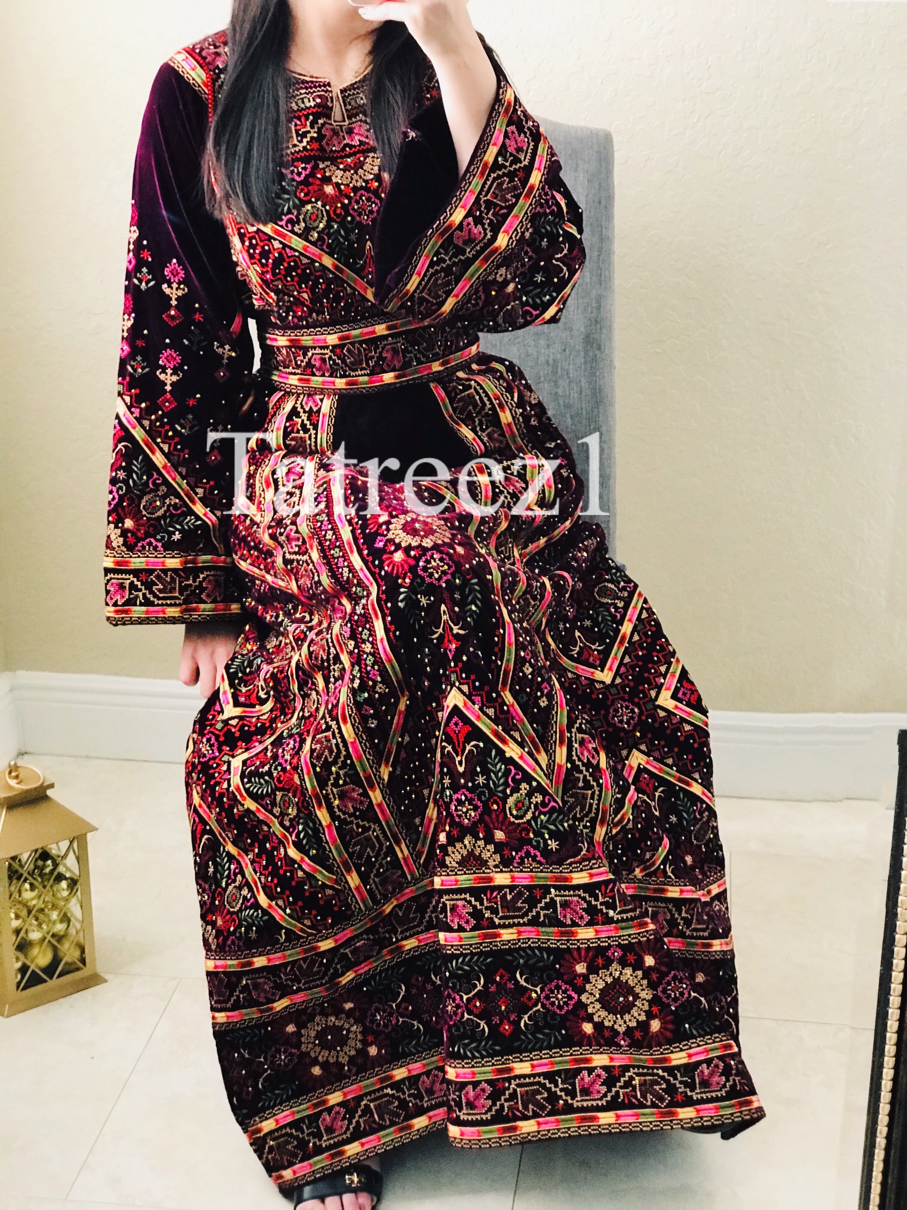 The Luxury Dark Maroon Embroidery Elegant Velvet Palestinian Thoub