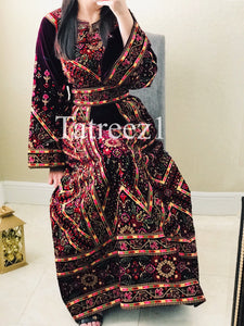 The Luxury Dark Maroon Embroidery Elegant Velvet Palestinian Thoub