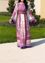 Load image into Gallery viewer, White/Purple Embroidery Malacca Embroidered Palestinian Thobe With Reversible Belt
