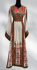 Charger l&#39;image dans la galerie, White Manajel Green Embroidered Palestinian Thobe Wide Sleeve
