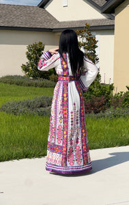 White/Purple Embroidery Malacca Embroidered Palestinian Thobe With Reversible Belt