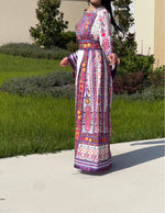 Load image into Gallery viewer, White/Purple Embroidery Malacca Embroidered Palestinian Thobe With Reversible Belt
