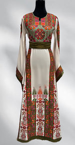 Load image into Gallery viewer, White Manajel Green Embroidered Palestinian Thobe Wide Sleeve
