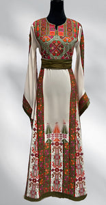 White Manajel Green Embroidered Palestinian Thobe Wide Sleeve