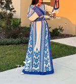 Load image into Gallery viewer, Off white Traditional Thoub Blue Embroidery Wide Sleeve Elegant with Reversible Belt

