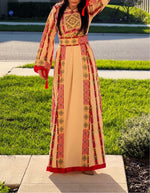 Load image into Gallery viewer, Cream Thoub stoned Embroidery Elegant design With Reversible Belt
