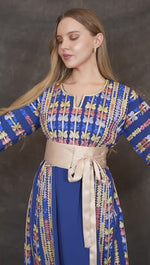 Load and play video in Gallery viewer, Blue Embroidered Thobe Jordanian Palestinian Thoub Dress
