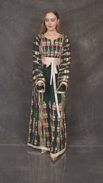 Load and play video in Gallery viewer, Dark Green Embroidered Thobe Jordanian Palestinian Thoub Dress
