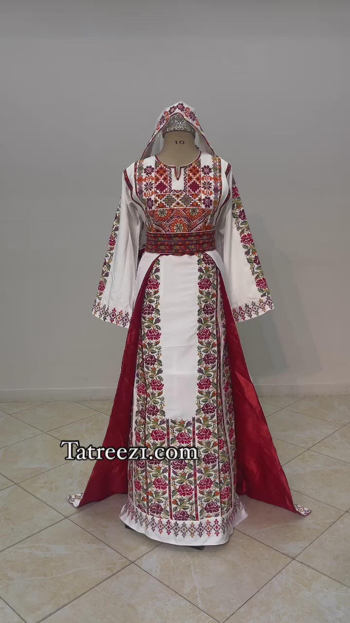 White Stunning Thoub with Floral Embroidery and Overskirt.