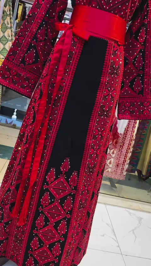 Black/Red Palstainen Embroidery Traditional Long Thoub