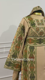 Load and play video in Gallery viewer, Green Embroidery Traditional Palestinian Beige Thobe Machine Made with Matching Head Scarf
