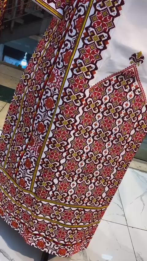 White Thoub Red Embroidered Palestinian Fellahi Thobe