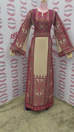 Load and play video in Gallery viewer, Beige Embroidery Traditional Palestinian Thobe Machine Made
