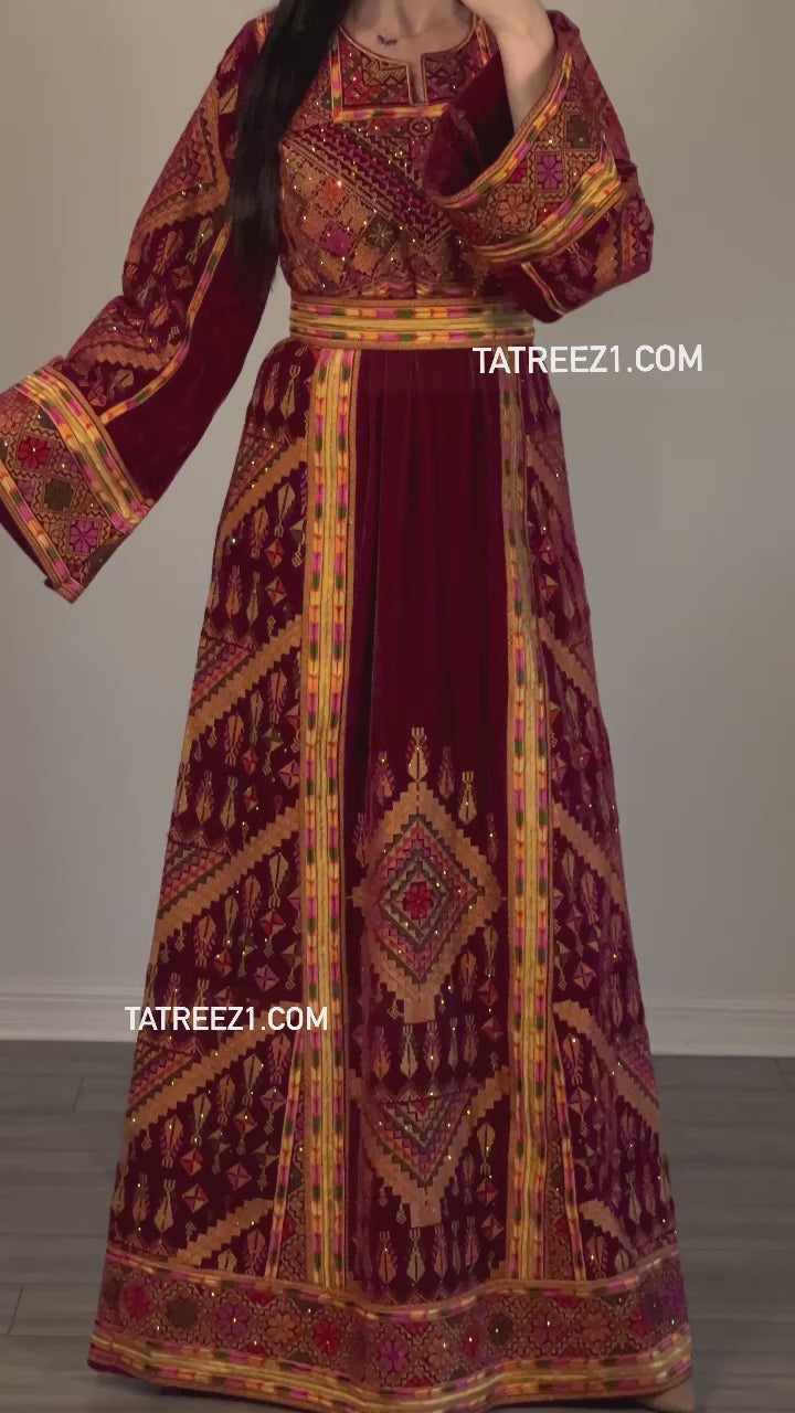 Silk Velvet Light Red Shade Stoned Embroidery Thoub